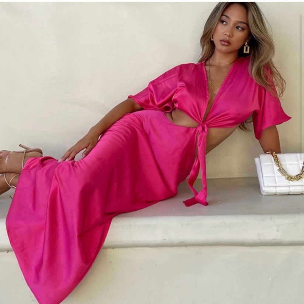 Runaway The Label hot pink satin midi dress